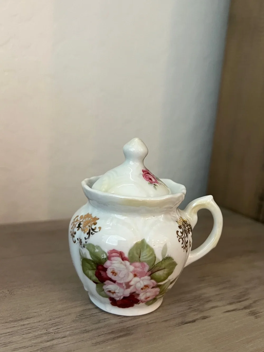 Vintage Porcelain miniature lidded Sugar Bowl- with floral decor